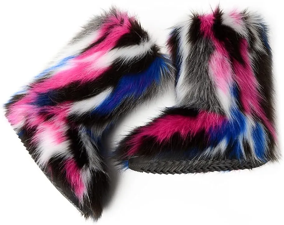 ZOSCGJMY Faux Fur Boots for Women Fuzzy Fluffy Furry Round Toe Suede Winter Snow Boots Flat Shoes