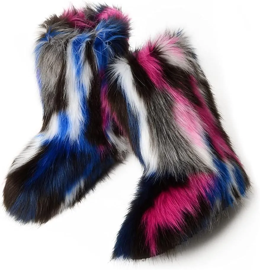 ZOSCGJMY Faux Fur Boots for Women Fuzzy Fluffy Furry Round Toe Suede Winter Snow Boots Flat Shoes