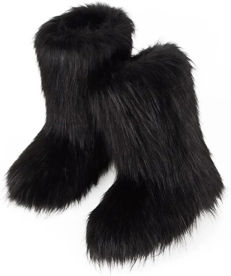ZOSCGJMY Faux Fur Boots for Women Fuzzy Fluffy Furry Round Toe Suede Winter Snow Boots Flat Shoes