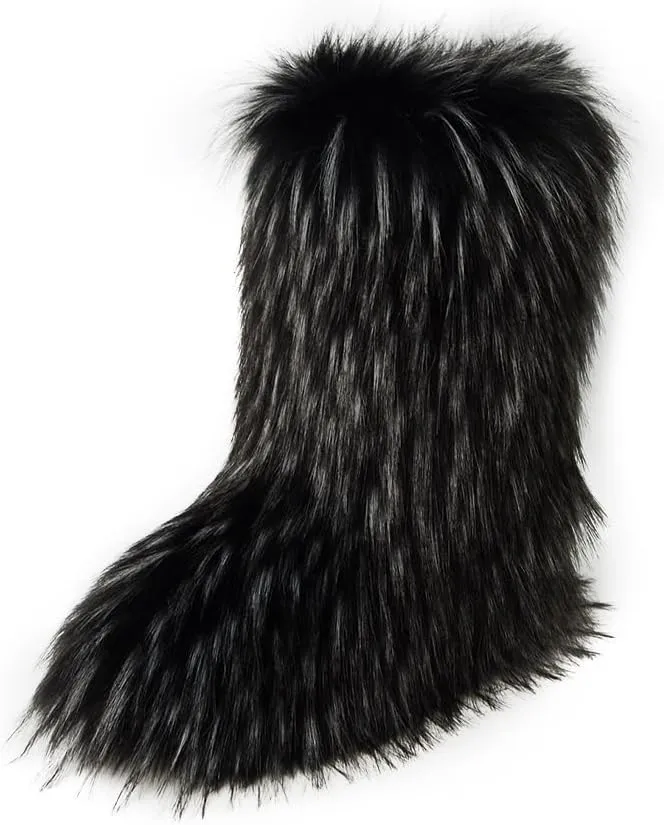ZOSCGJMY Faux Fur Boots for Women Fuzzy Fluffy Furry Round Toe Suede Winter Snow Boots Flat Shoes