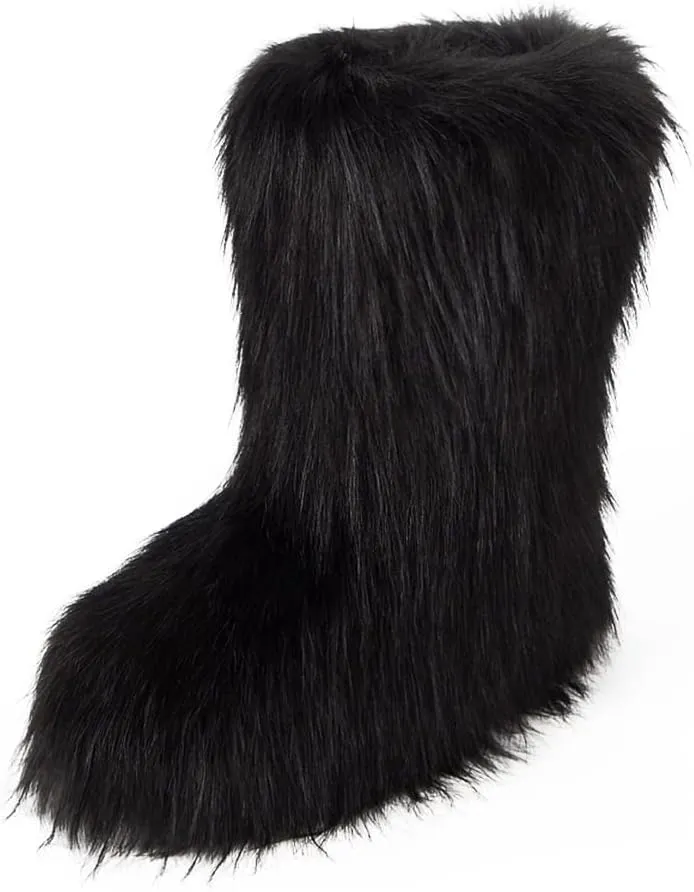 ZOSCGJMY Faux Fur Boots for Women Fuzzy Fluffy Furry Round Toe Suede Winter Snow Boots Flat Shoes