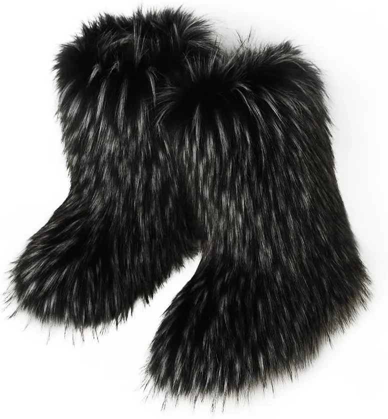 ZOSCGJMY Faux Fur Boots for Women Fuzzy Fluffy Furry Round Toe Suede Winter Snow Boots Flat Shoes