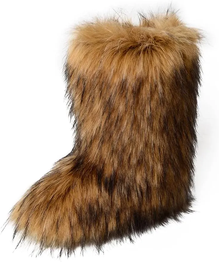 ZOSCGJMY Faux Fur Boots for Women Fuzzy Fluffy Furry Round Toe Suede Winter Snow Boots Flat Shoes