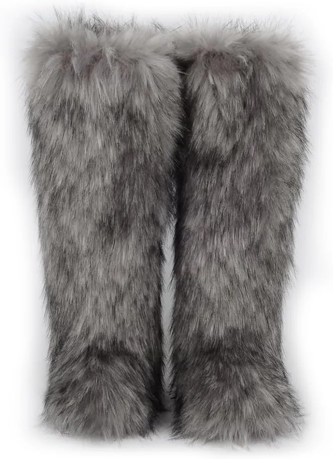 ZSGYCHCY Women's Faux Fur Boots Winter Fluffy Warm Furry Flat Shoes Snow Knee-High Boots