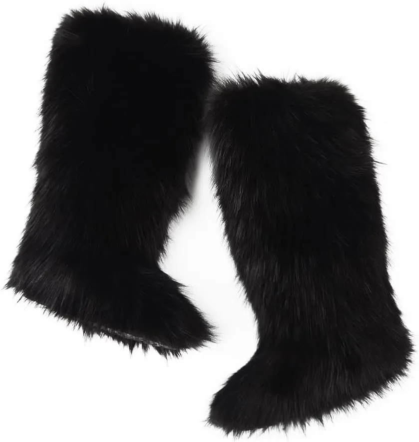 ZSGYCHCY Women's Faux Fur Boots Winter Fluffy Warm Furry Flat Shoes Snow Knee-High Boots
