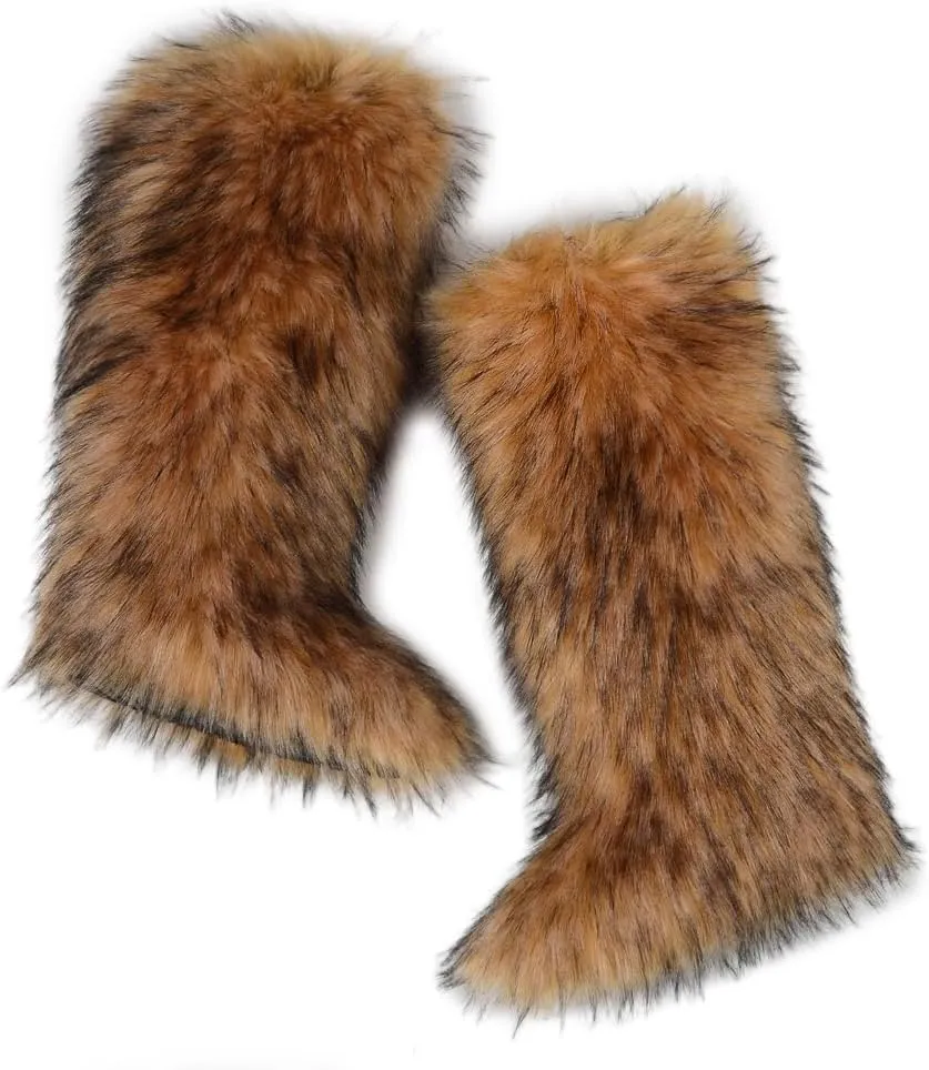 ZSGYCHCY Women's Faux Fur Boots Winter Fluffy Warm Furry Flat Shoes Snow Knee-High Boots