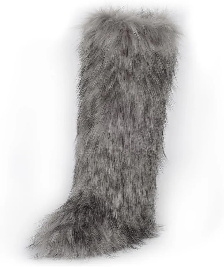 ZSGYCHCY Women's Faux Fur Boots Winter Fluffy Warm Furry Flat Shoes Snow Knee-High Boots