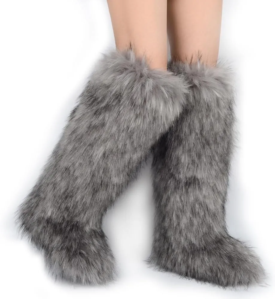 ZSGYCHCY Women's Faux Fur Boots Winter Fluffy Warm Furry Flat Shoes Snow Knee-High Boots