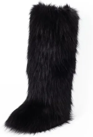 ZSGYCHCY Women's Faux Fur Boots Winter Fluffy Warm Furry Flat Shoes Snow Knee-High Boots