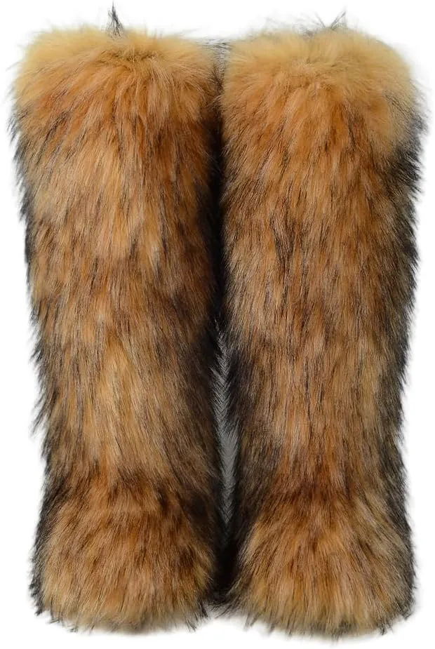ZSGYCHCY Women's Faux Fur Boots Winter Fluffy Warm Furry Flat Shoes Snow Knee-High Boots