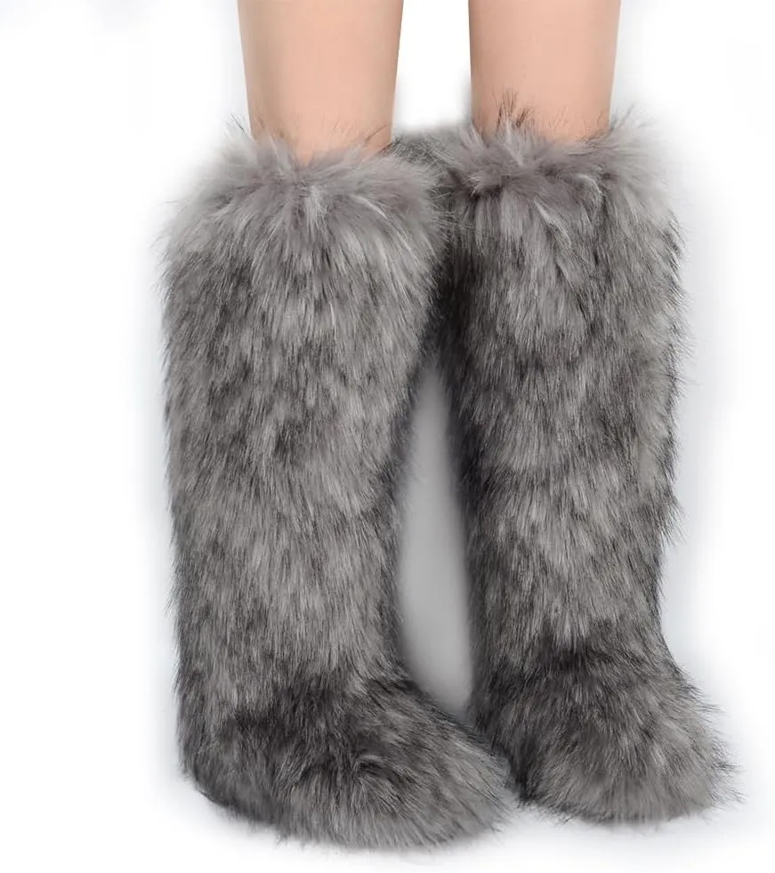 ZSGYCHCY Women's Faux Fur Boots Winter Fluffy Warm Furry Flat Shoes Snow Knee-High Boots