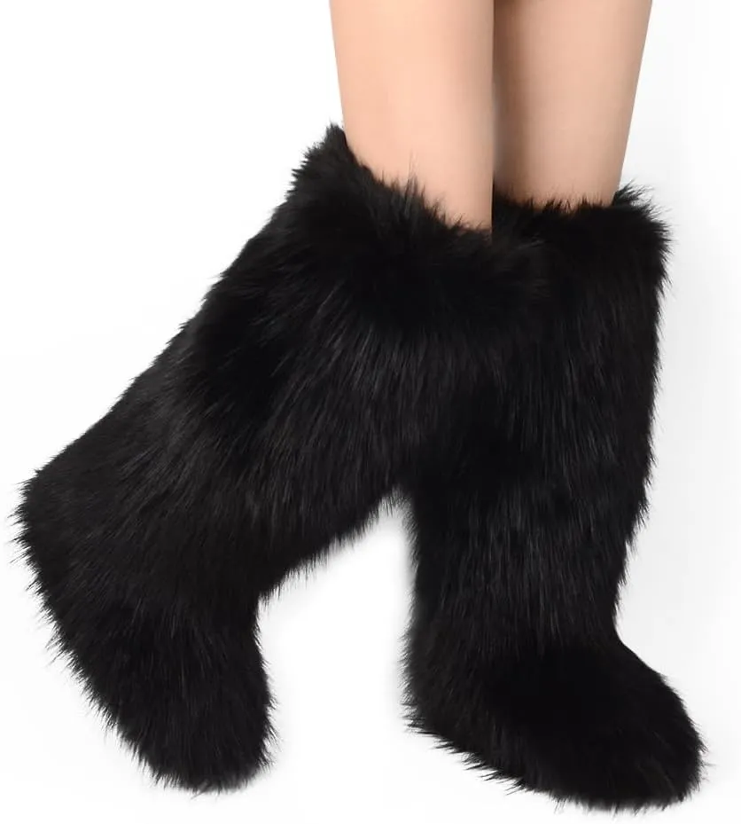 ZSGYCHCY Women's Faux Fur Boots Winter Fluffy Warm Furry Flat Shoes Snow Knee-High Boots