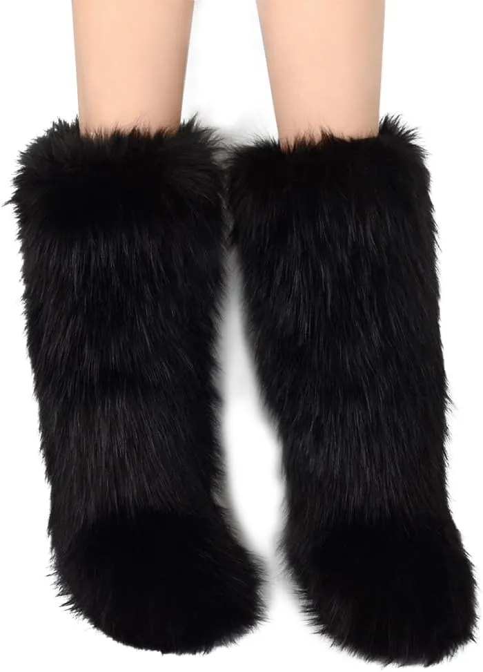 ZSGYCHCY Women's Faux Fur Boots Winter Fluffy Warm Furry Flat Shoes Snow Knee-High Boots
