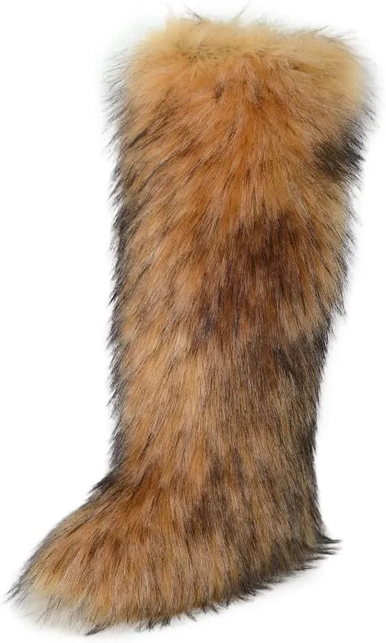 ZSGYCHCY Women's Faux Fur Boots Winter Fluffy Warm Furry Flat Shoes Snow Knee-High Boots