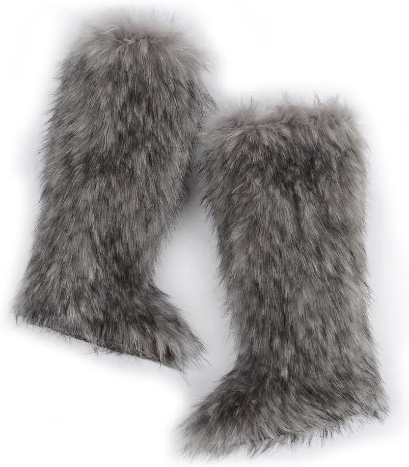 ZSGYCHCY Women's Faux Fur Boots Winter Fluffy Warm Furry Flat Shoes Snow Knee-High Boots