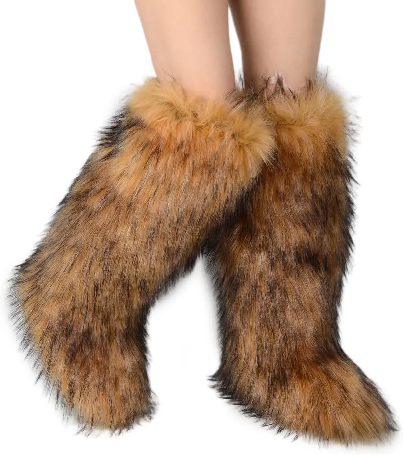 ZSGYCHCY Women's Faux Fur Boots Winter Fluffy Warm Furry Flat Shoes Snow Knee-High Boots