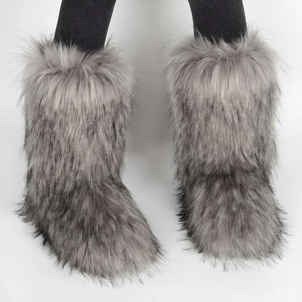 ZSGYCHCY Women's Faux Fur Boots Winter Fuzzy Fluffy Warm Furry Snow Boots Flat Shoes