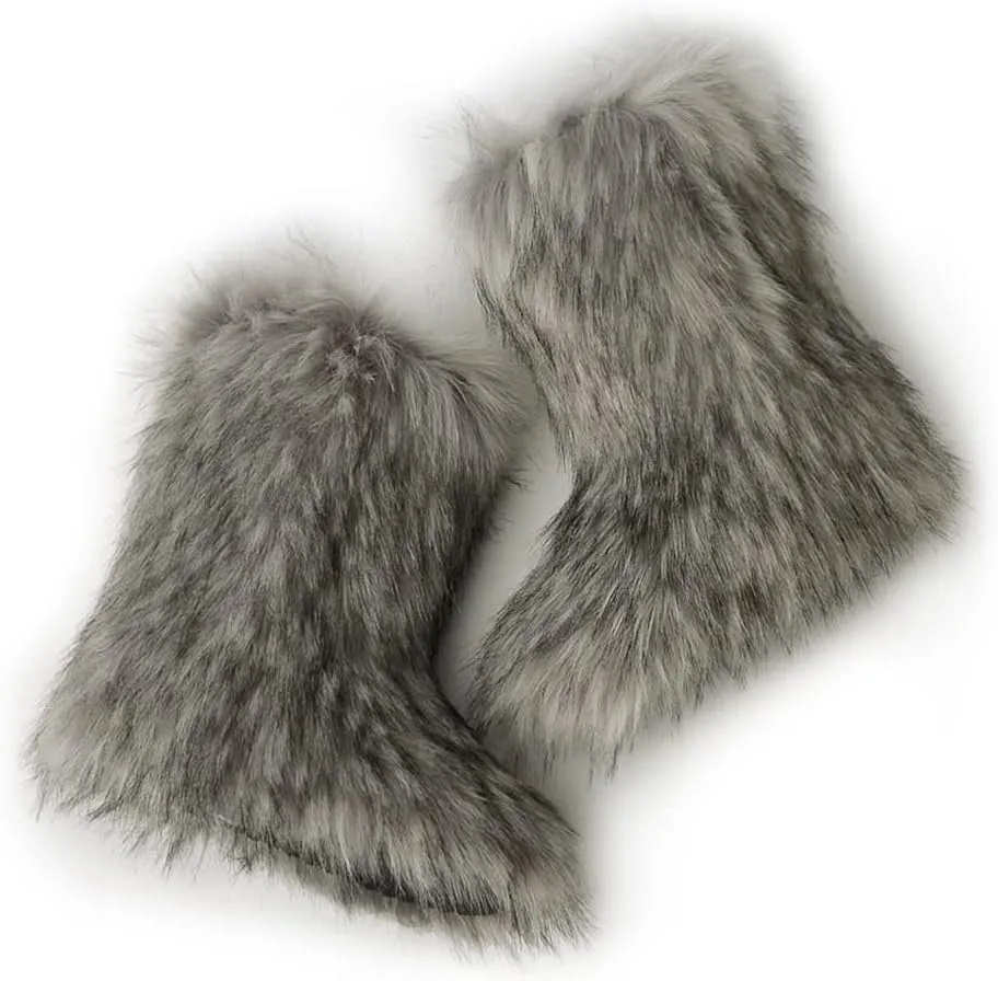 ZSGYCHCY Women's Faux Fur Boots Winter Fuzzy Fluffy Warm Furry Snow Boots Flat Shoes