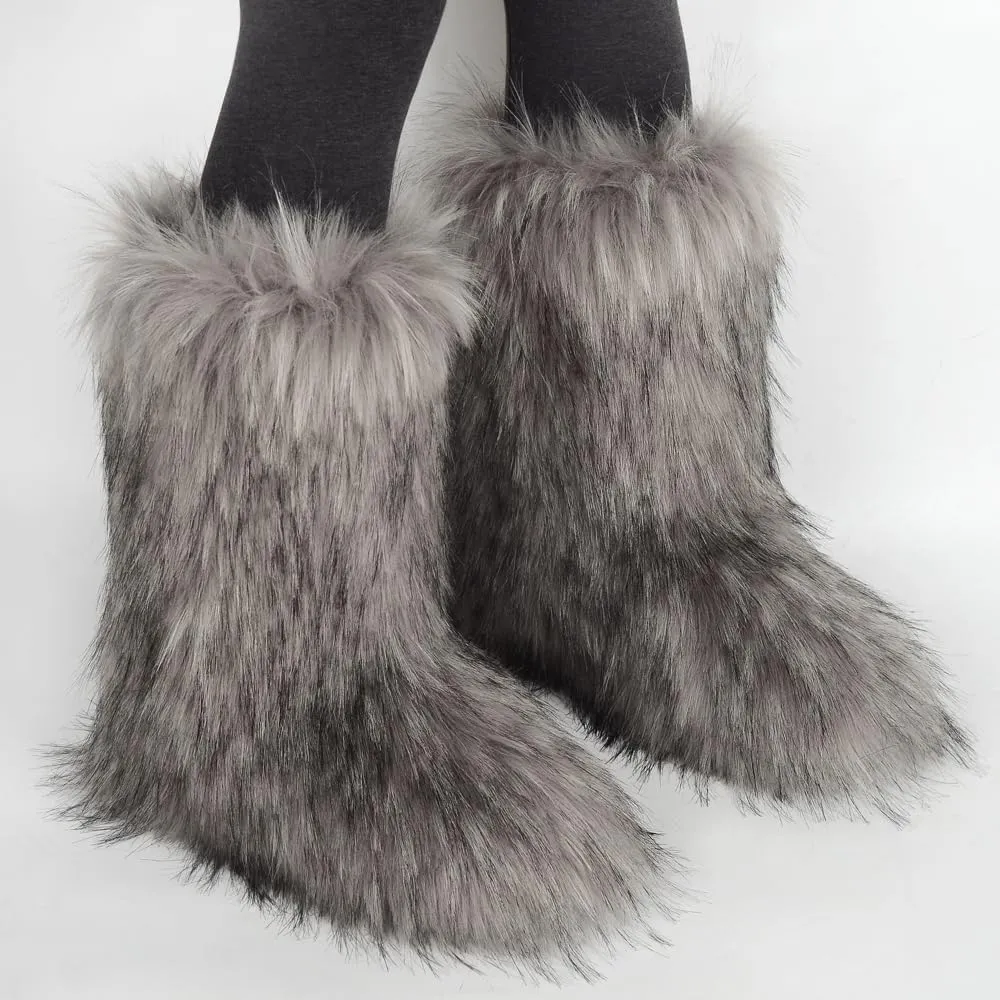 ZSGYCHCY Women's Faux Fur Boots Winter Fuzzy Fluffy Warm Furry Snow Boots Flat Shoes