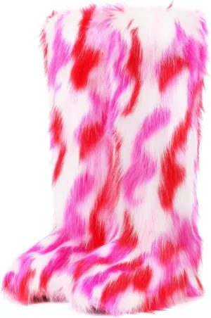 ZVC Women's Faux Fur Boots Comfortable Furry Snow Boots Fluffy Winter Boots Warm Fuzzy Outdoor Knee-High Boots Indoor Flat Shoes